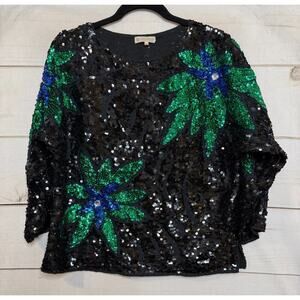 Vintage Sequin Top Sz 44 Black Green Blue Holiday Festive Party Chic‎